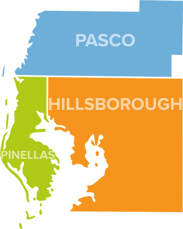 Map illustrating the three counties included in the Tampa Bay Regional Infrastructure Accelerator Program.